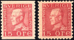 SCHWEDEN 179IA,B *, 1925, 15 Ö. Dkl`karmin, Beide Zähnungsarten, Falzreste, 2 Prachtwerte - Usati