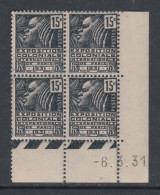 France N° 270 XX Expo. Colo. :15 C En Bloc De 4 Coin Daté Du 6 . 3 . 31.; Sans  Point Blanc , Sans  Charnière  , TB - ....-1929