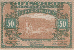 50 HELLER 1920 Stadt PRESSBAUM Niedrigeren Österreich UNC Österreich Notgeld #PH448 - [11] Local Banknote Issues