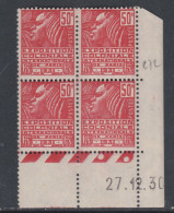 France N° 272 XX Expo. Colo. : 50 C En Bloc De 4 Coin Daté Du 27 . 12 . 30 .; 2  Points Blancs , Sans Cha.  TB - ....-1929