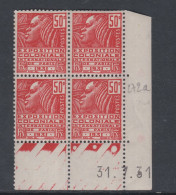 France N° 272 XX Expo. Colo. : 50 C En Bloc De 4 Coin Daté Du  31 . 7 . 31 .; 3  Points Blancs , Sans Cha.  TB - ....-1929