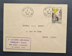 A.O.F,T N°46 Oblitéré De Côte D'Ivoire + Griffe 1ère Liaison Aérienne ABIDJAN-PARIS  Par Avion à Réaction 15/4/1953. - Covers & Documents