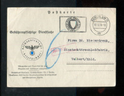 "DEUTSCHES REICH" 1939, Vordruckpostkarte "Gebuehrenpflichtige Dienstsache" Ex Berlin Nach Velbert, Nachgebuehr (A1174) - Cartas & Documentos