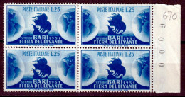 1951 (MNH=**) 15 FIERA LEVANTE 1951 Blocco Di Quattro Lire 20 Nuovo Gomma Origin - 1946-60: Mint/hinged