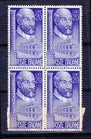 1949 (MNH=**) PALLADIO Blocco Di Quattro Lire 20 Nuovo Gomma Originale Ed Integr - 1946-60: Mint/hinged