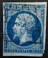 Empire No 14 A,  20 C Bleu Obl GRILLE , BTB Cote 50 Euros - 1853-1860 Napoleone III