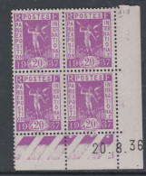 France N° 322 XX Propa. Pour L'expo : 20 C. En Bloc De 4 Coin Daté Du 20 . 8 . 36 ; 3 Points Blancs, Sans Charnière, TB - 1930-1939