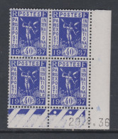France N° 324 XX Propa. Pour L'expo : 40 C. En Bloc De 4 Coin Daté Du 20 . 8 . 36 ; 3 Points Blancs, Sans Charnière, TB - 1930-1939