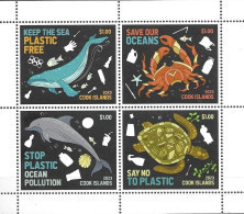 COOK ISLANDS, 2023, MNH, STOP PLASTIC POLLUTION, WHALES, DOLPHINS, TURTLES, CRABS,  SHEETLET OF 4v - Schildkröten