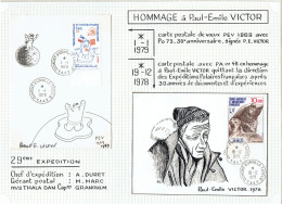 29e Expedition - CP PEV Signée Paul Emile Victor Voyagée 1/1/79 - CP Illustrée Visage De PEV Voyagée En Recommandée - Storia Postale