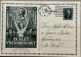 CZECHOSLOVAKIA 1932, STATIONERY CARD USED, ILLUSTRATE, WOMAN, CHARMING LADY, SLET YSESOKOLSKY, PRAHA CITY CANCEL - Cartas & Documentos