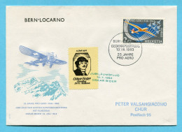 Brief Gedenkpostflug Bern-Locarno 1963 - Nr. 63.1f Mit Vignette - Premiers Vols