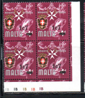 MALTA 1977 KNIGHTS ARMOR ARMATURE DI CAVALIERI COAT OF ARMS STEMMA ARMOIRIES SURCHARGED 1c7m On 4p SURCHARGE BLOCK  MNH - Malte