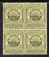 Indian States - Patiala 1934-49, 4a Green British Indian Revenue Type Opt'd Patiala State In Block Of 4, Usual Toned Gum - Patiala