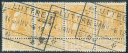 N°79 (4) - 1Fr. Jaune-orange En Bande De 4, Oblitération Ferroviaire De LUTTRE 14 JANV. 1912.  Splendide Et Rare.  - 221 - 1905 Thick Beard