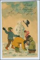 W1D99/ Neujahr Schneemann Kinder Tolle Litho Künstler AK - New Year