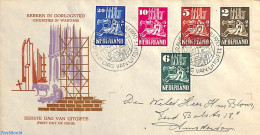 Netherlands 1950 Churches In Wartime 5v, FDC, Closed Flap, Written Address, First Day Cover, Religion - Churches, Temp.. - Cartas & Documentos