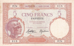 5 Francs 1927 ! PAPEETE TAHITI FRENCH INDOCHINA BANK ! - Papeete (Polynésie Française 1914-1985)