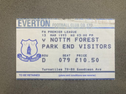 Everton V Nottingham Forest 1992-93 Match Ticket - Tickets & Toegangskaarten