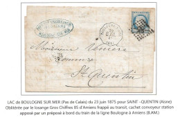 FRANCE LAC 1875 Ceres Republique 25c Boulogne S Mer Pas De Calais GC 85 AMIENS Cachet Convoyeur Station Train BAM B.AM. - 1871-1875 Ceres