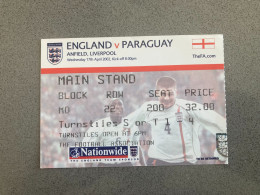 England V Paraguay 2001-02 Match Ticket - Tickets & Toegangskaarten