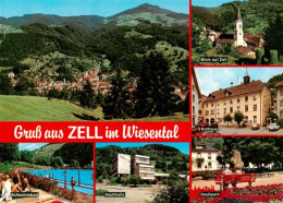 73935002 Zell_Wiesental Panorama Kirche Rathaus Schwimmbad Stadthalle Stadtpark - Autres & Non Classés