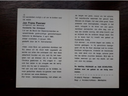 Jan Frans Peeraer ° Merksplas 1883 + Merksplas 1972 X Constantia Van Echelpoel - Obituary Notices