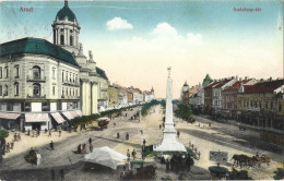 ROMANIA 1915 ARAD - ANDRASSY SQUARE, BUILDINGS, MONUMENT, ARCHITECTURE, PEOPLE, HORSE DRAWN CARRIAGES, SHOPS - Rumania