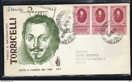 Italia FDC Venetia 1958 Torricelli Striscia Di Tre Viaggiata Racc. Per L'Italia - FDC