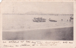 CHINA POSTCARD CHEFOO PANORAMA SHIPS NEAR COAST LOCAL FISHING BOATS 1906 USED TO GUERNSEY - China