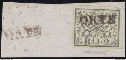 1852 Stato Pontificio, 2 Baj Verde Oliva Chiaro N° 2 Su Frammento Firma Bolaffi - Papal States