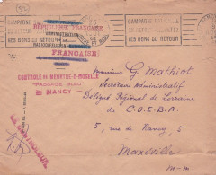 1945--lettre Franchise  NANCY-54  à MAXEVILLE-54,cachet 23-8-45-griffes Radiodiffusion Française-Contrôle Meu & Moselle - 1921-1960: Période Moderne