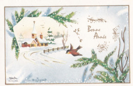 Nouvel An -Bonne Année--mignonnette Signée RAYNAUD-Paysage De Neige-oiseau- - Nouvel An