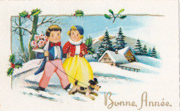 Nouvel An -Bonne Année--mignonnette (animée) -- Paysage De Neige -- Joli Couple Et Chien En Laisse - New Year