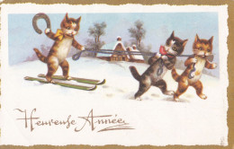 Nouvel An -Bonne Année--mignonnette (animée) -- Paysage De Neige Avec Chats Personnalisés (ski) - New Year