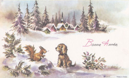 Nouvel An -Bonne Année--mignonnette Signée PL  -- Paysage De Neige Avec Chien Et écureuil - New Year