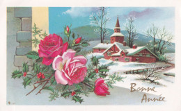 Nouvel An -Bonne Année--mignonnette -- Paysage De Neige Avec Village, Pont Et Fleurs - New Year