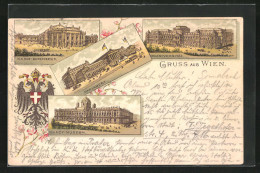 Vorläufer-Lithographie Wien, 1895, Hof-Burgtheater, Hof-Museum, Parlament Und Universität  - Autres & Non Classés