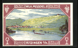 Künstler-AK Kitzingen A. M., Reklame Wilh. Meuschel Jr. Kgl. Bayer. Hoflieferant, Flusspartie  - Kitzingen