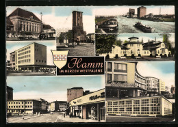 AK Hamm, Ortsansicht, Kirche, Bahnhof, Hafen Mit Güterschiffen  - Hamm