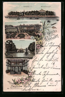 Lithographie Wiesbaden, Kursaal U. Musikpavillon, Kochbrunnen Und Kurhaus  - Wiesbaden