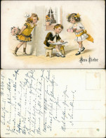 "Aus Liebe" 2 Mädchen Beschenken Jungen, Kinder Motiv Postkarte 1928 - Portraits
