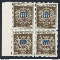 1946 SAN MARINO, N° 297 Stemma Sovrastampato MNH/** QUARTINA BDF - Other & Unclassified