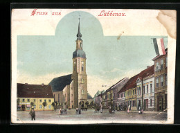 AK Lübbenau, Strassenpartie Mit Kirche Und Flagge  - Luebbenau