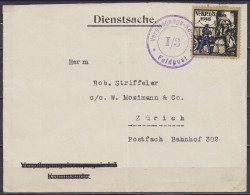 Suisse - Poste Militaire - Env. Affr. Vignette "V.-KPI/3 / 1918" Oblit. "Verptlegungs-Kom… /I/3/ Feldpost" Pour ZÜRICH - Documents