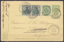 EP CP 5c Vert (type N°56) Affr. Mixte 2x 5pf Càpt PLANTIERES /30.8.1907/ QUEULEU (Metz) + N°56 Càd "LIEGE /31 AOUT 07/ D - Postcards 1871-1909