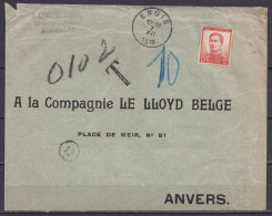 Env. Préadressée "Le Lloyd Belge" Affr. N°123 Non-annulé (hors Cours !) Càd ENGIS /7 XII 1918 Du Receveur Communal Des A - 1912 Pellens