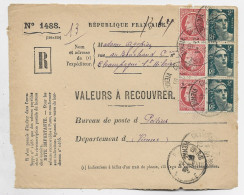 GANDON 2FRX3+ MAZELIN 1FRX3 DEVANT VALEURS A RECOUVRER CHAMPAGNE VIENNE 22.1.1946 AU TARIF - 1945-54 Marianne De Gandon