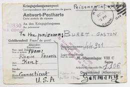 GERMANY STALAG POSTKARTE THE PRISONER KENT CONNECTICUT 1944 + US CENSOR 10830+ RETURN TO SENDER DIRECTION OF WAR - Cartas & Documentos