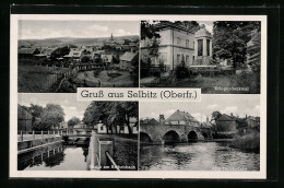 AK Selbitz /Ofr., Alte Steinbrücke, Kriegerdenkmal, Ortsansicht  - Selb